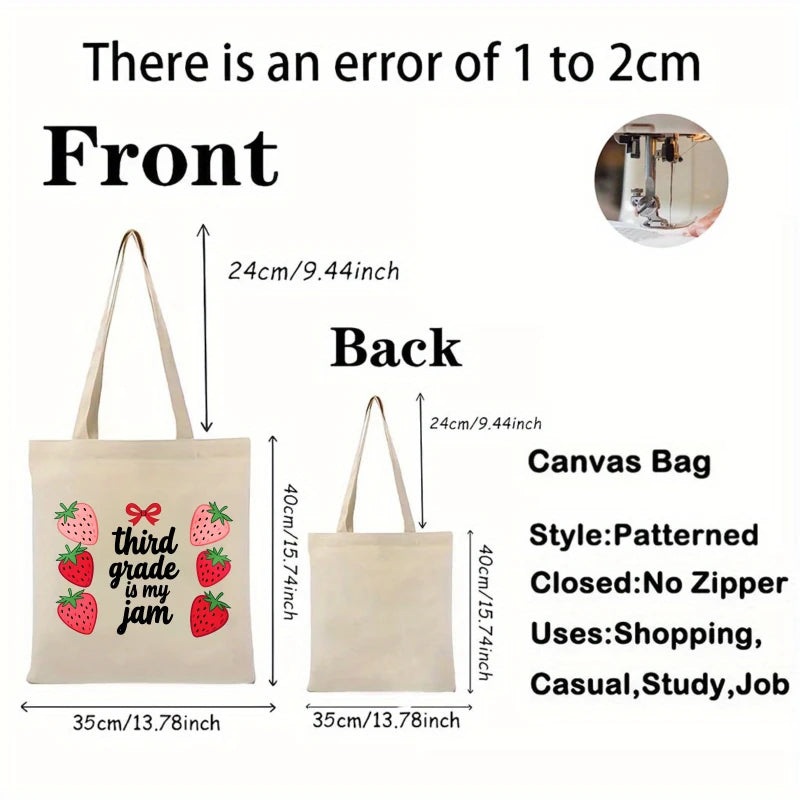 sac main toile fraises rouge vertes troisième année ruban rouge poignées tissu beige imprimé