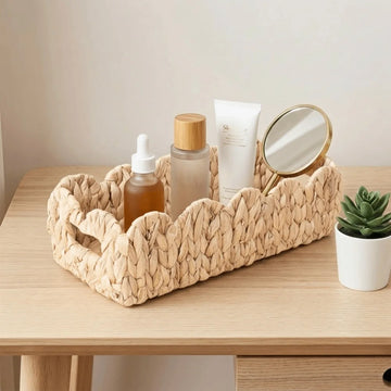 panier tressé bohème rectangulaire réutilisable bordures ondulées rustique beige clair organisation maison rusticité naturelle
