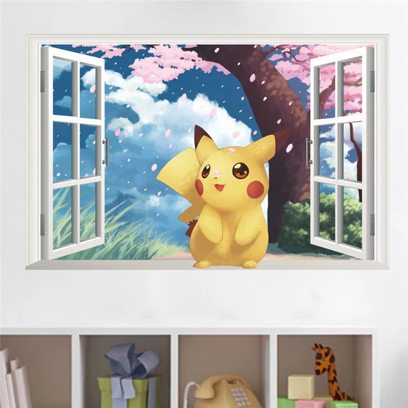 sticker mural 3d pokemon pikachu personnages animés arrière plan naturel adhésif
