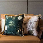 housse coussin coton fleur blanche motif floral vert beige élégante décorative carrée 45x45cm 55x55cm