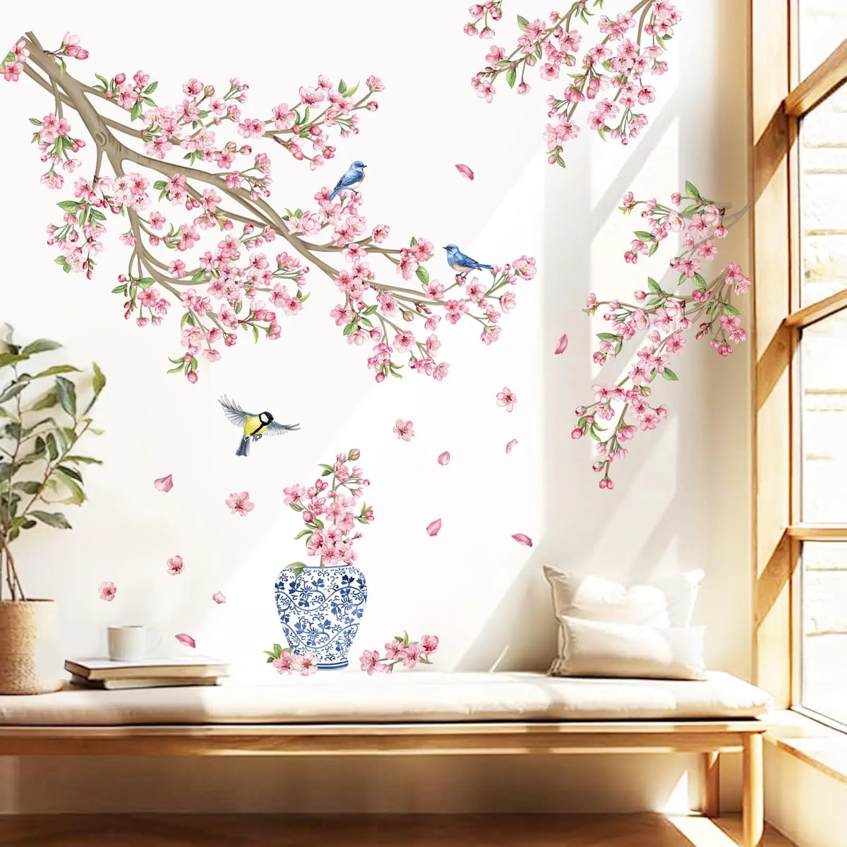 sticker mural arbre fleur cerisier rose oiseaux feuilles naturel chambre salon kitchen