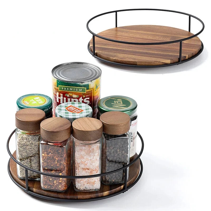 support rotatif bois moderne épices condiments sauces verre transparent bocaux conserves minimaliste cuisine