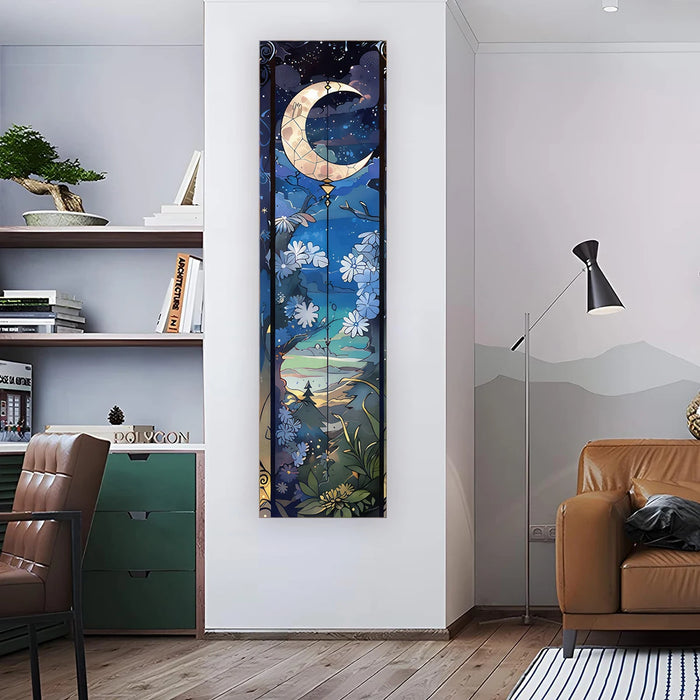 tableau mural paysage nocturne lune fleurs montagnes ciel étoilé bleu nuit blanc doré orange