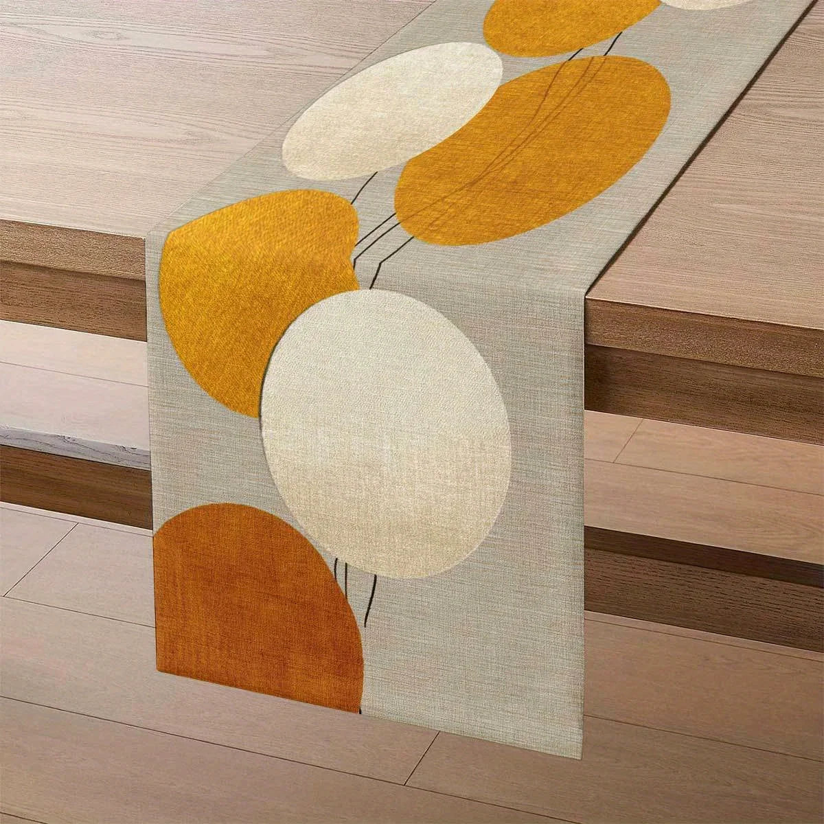 nappe table motif géométrique moderne beige orange blanc tissu lin facile nettoyage cuisine salle