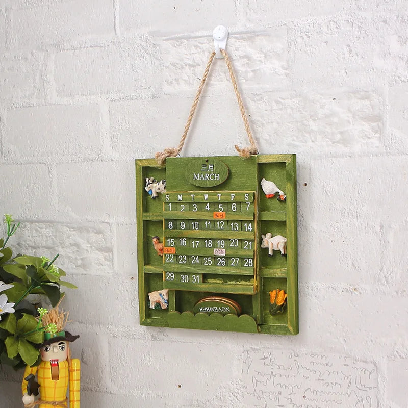 calendrier mural rustique vintage bois vert figurines animaux mois année grille dates
