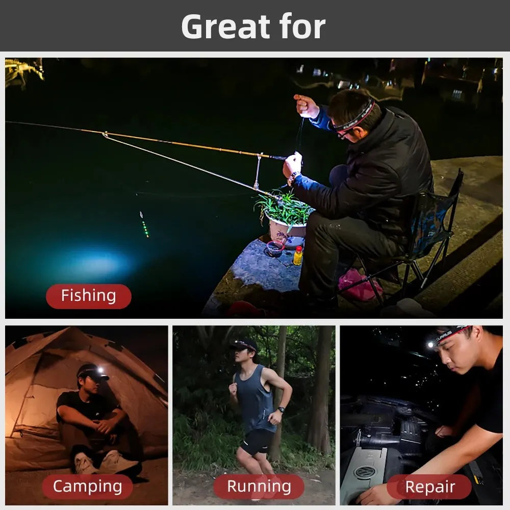lampe frontale noire rechargeable led ceinture ajustable mode moderne usb câble pêche camping
