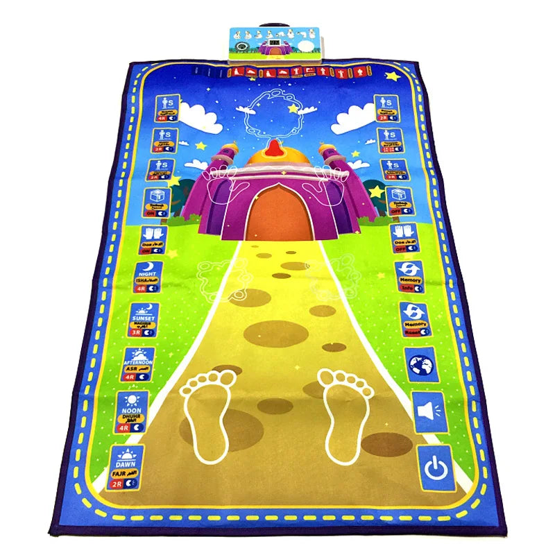 tapis interactif enfant islamique illustrations motifs arabes symboles religieux coloré bleu orange vert blanc