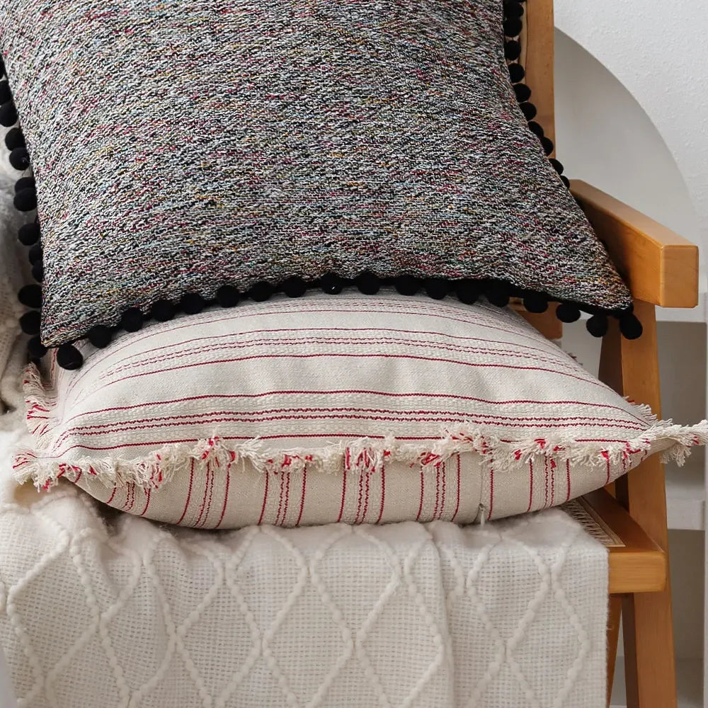 coussin housse coton polyester beige rayures rouges franges rustique maison salon chambre voiture