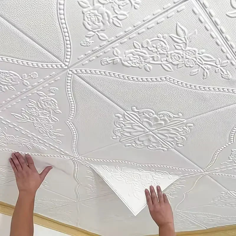 panneau décoratif mural blanc floral relief classique adhésif 70cm 70cm