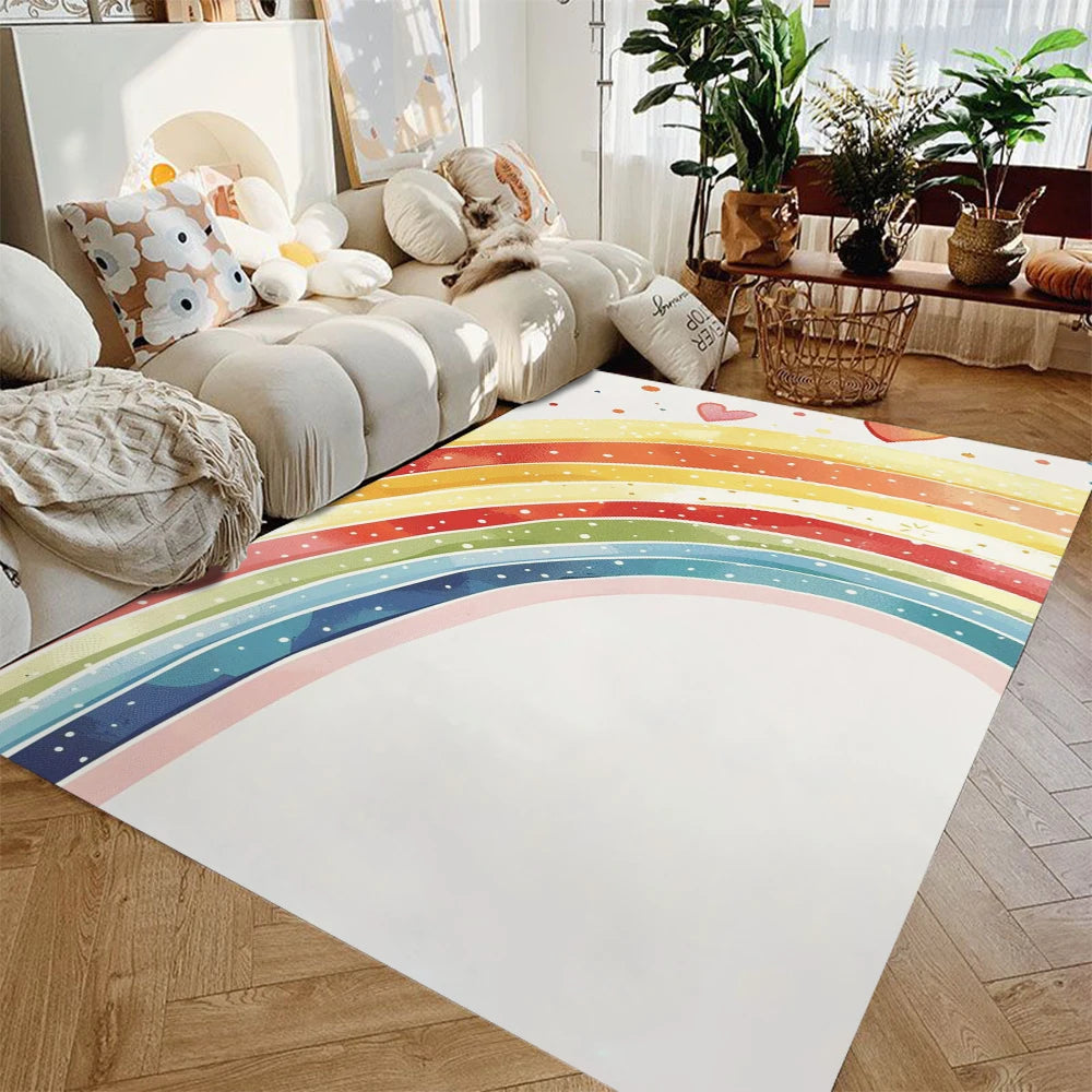 tapis sol moderne motif arc ciel beige rose doré chambre maison décoratif lavable