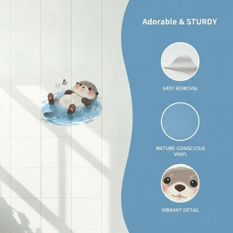 sticker mural bébé castor dessin animé gris marron blanc bleu rose bulles papillon adhésif