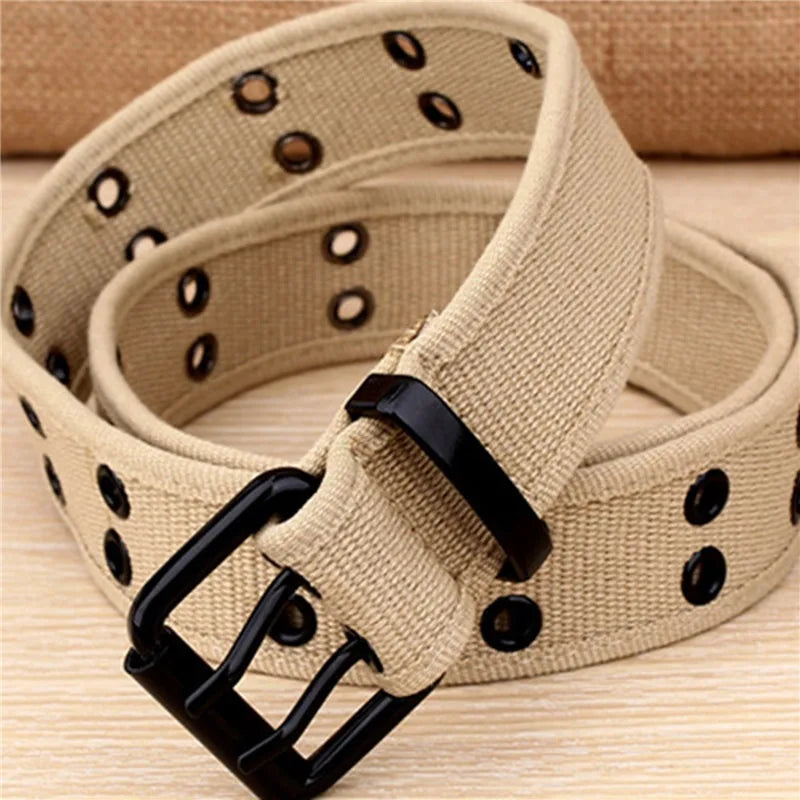 ceinture toile beige perforée boucle métallique décontracté sport outdoor unisexe