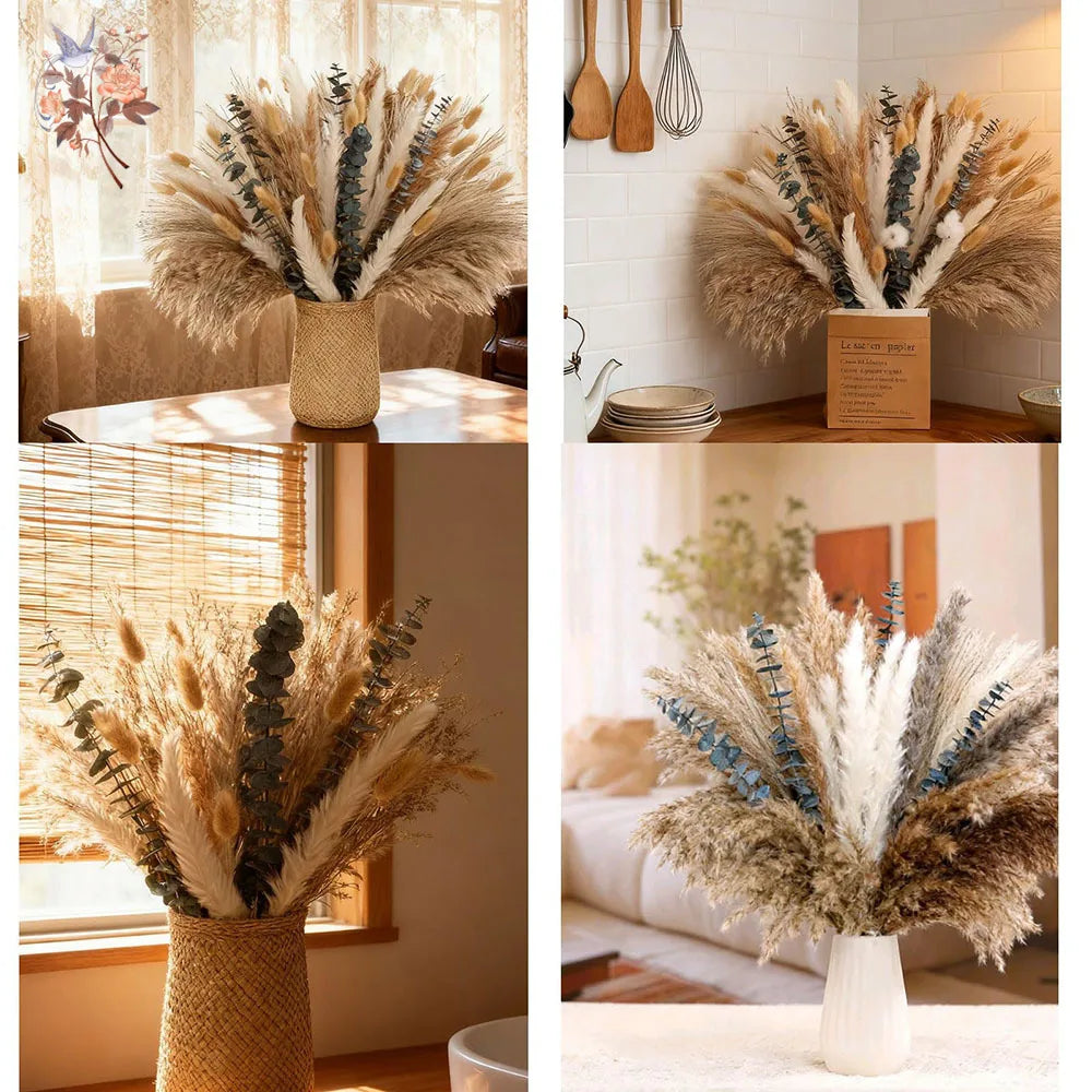 bouquet fleurs séchées eucalyptus roseau pampas beige blanc vert rustique décoration maison anniversaire mariage