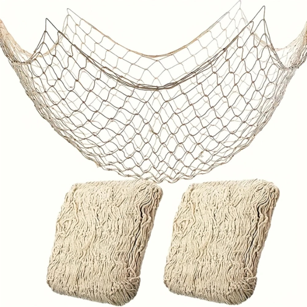 décoration murale filet pêche bleu marine beige clair tissé main nautique coquillages naturels plage