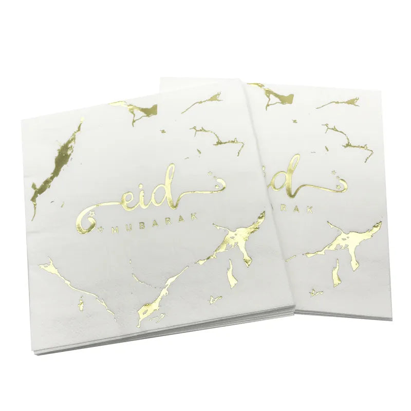 serviettes jetables festives eid mubarak motifs fleurs textes doré blanc İslam