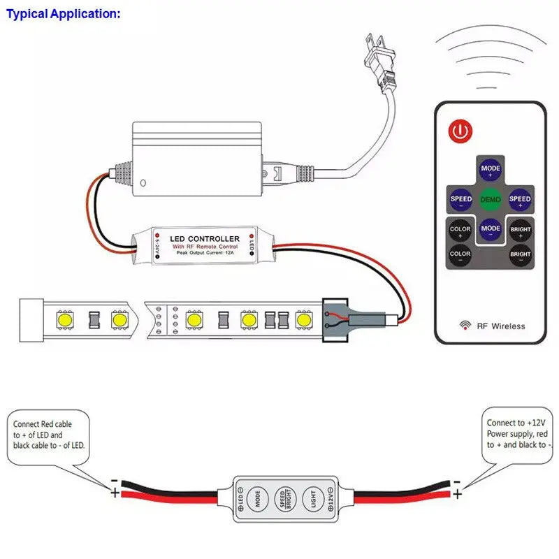 contrôleur led 5v 12v 24v rfb câble rouge noir télécommande rf moderne fonctionnel