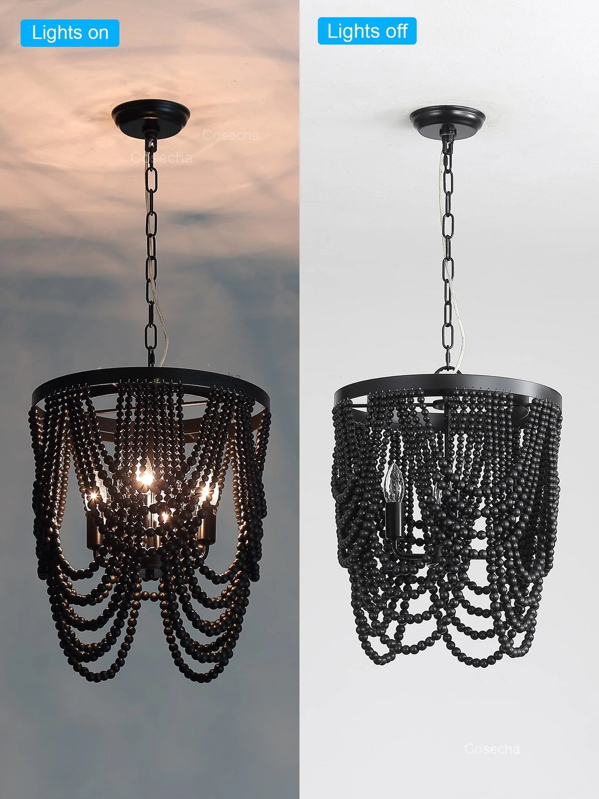 lampe suspendue bois blanc noire chaîne dorée classique vintage chambre cuisine salle manger