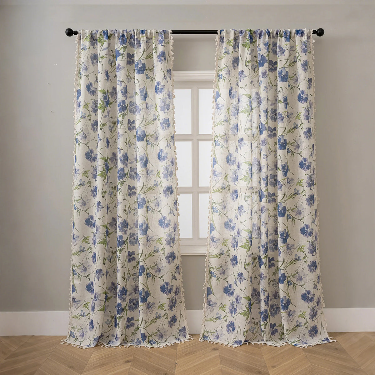 rideau fleuri polyester translucide classique franges beige rose vert bleu maison