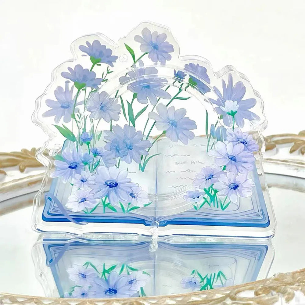 cadre photo acrylique transparent floral livres décoratifs pages blanches motifs fleurs artisanal violet bleu