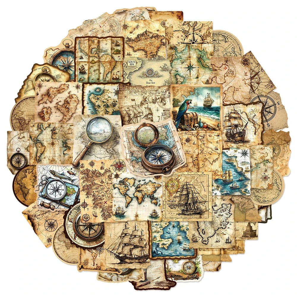serviettes vintage cartes anciennes boussoles motifs géométriques beige marron bleu noir stickers deco 30pcs