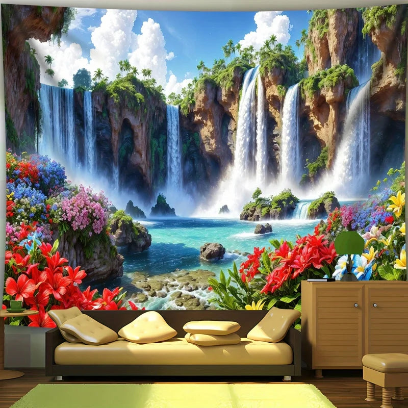 tapisserie imprimée paysage cascade moderne multicolore polyestère décoration chambre salon lintfree