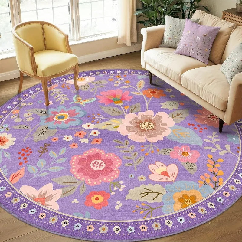 tapis rond moderne fleurs colorées motifs floraux salon beige rose violet