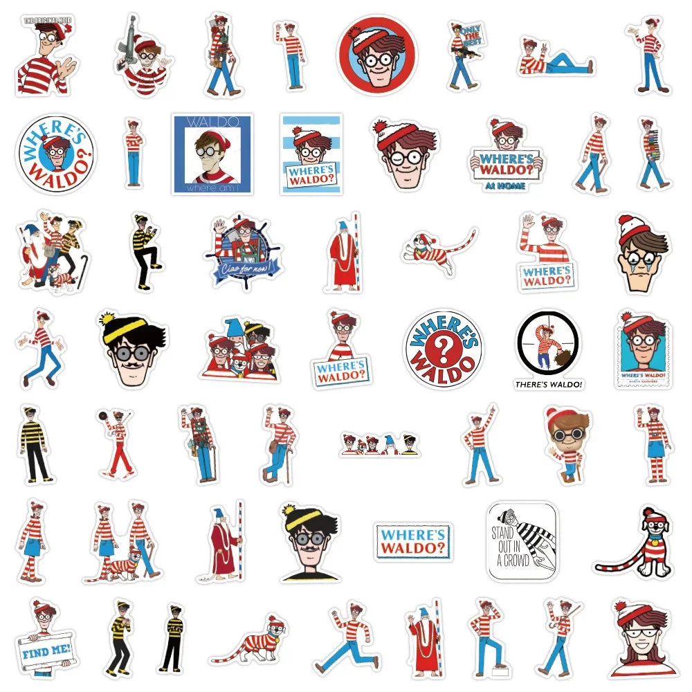 stickers étanches wheres waldo bleu blanc rouge personnages dessins animés humour cartoony adhésifs 50pcs