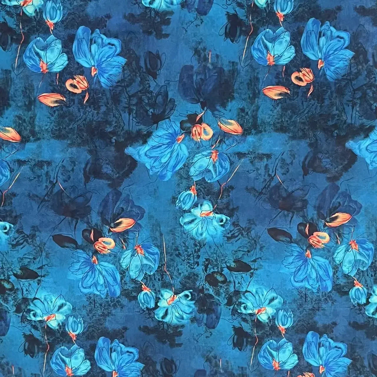 tissu jacquard fleuri bleu orange motifs floraux polyester élasthanne artistique résistant bricolage