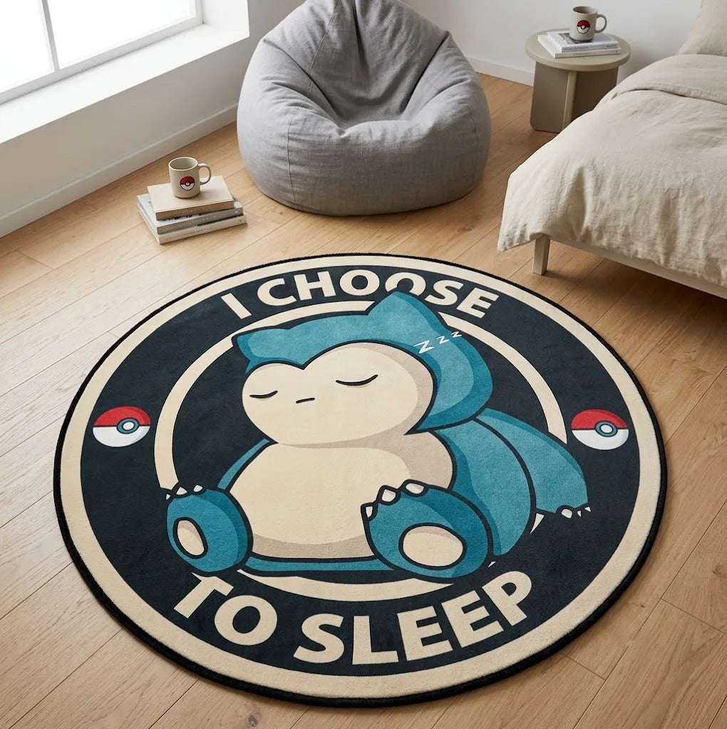 tapis rond snorlax pokémon bleu blanc noir choose to sleep pokeballs chambre coucher decoration