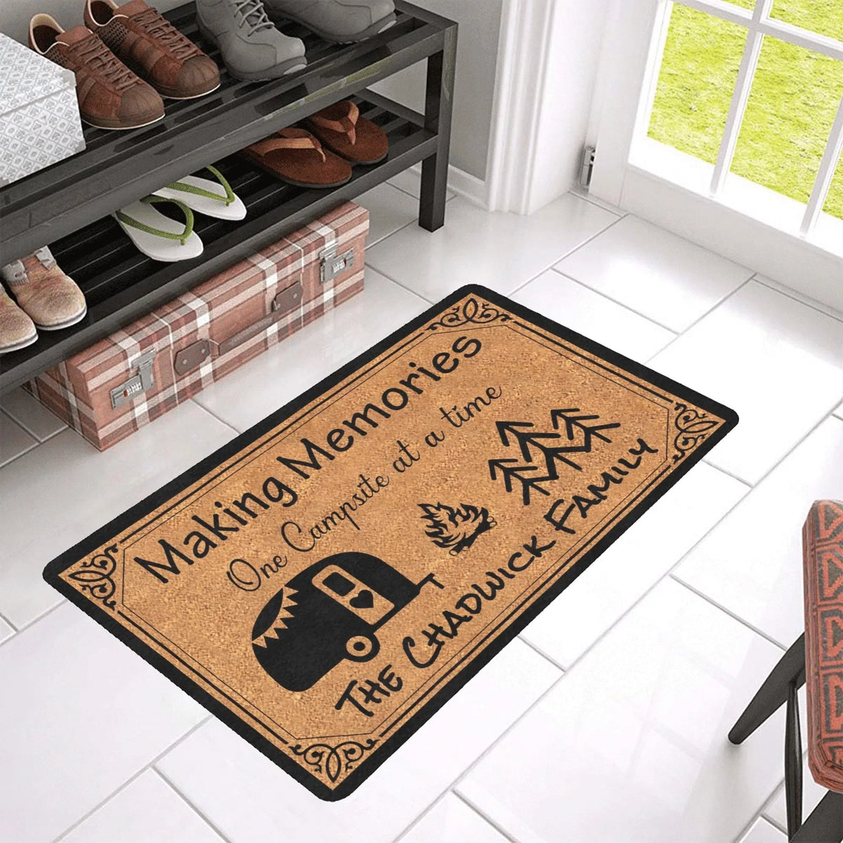tapis sol personnalisé marron camping car feu camp arbres making memories outdoors antidérapant imperméable