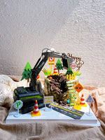 miniature excavatrice noir truck imprimé parties mobiles terrain graviers arbres signalisation sécurité