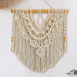 tapisserie macramé bohème coton beige crocheté franges bois décoration murale