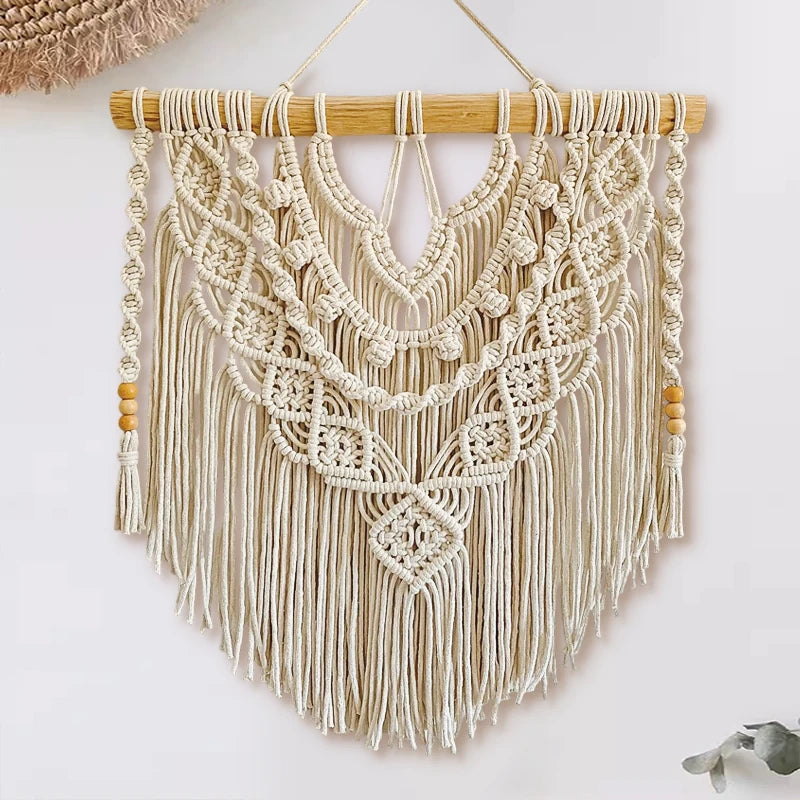 tapisserie macramé bohème coton beige crocheté franges bois décoration murale