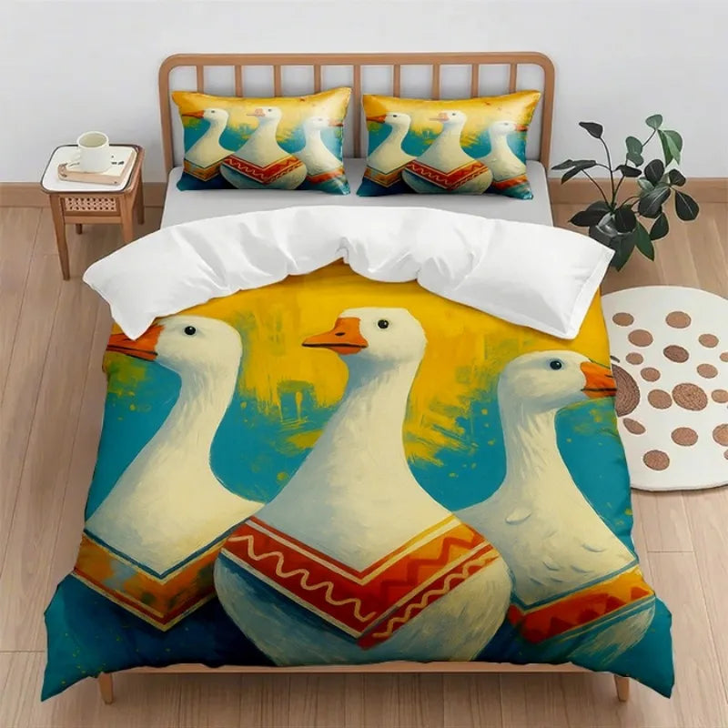 Couette colorée avec motifs de canards stylisés, créant une ambiance chaleureuse et ludique dans une chambre moderne.