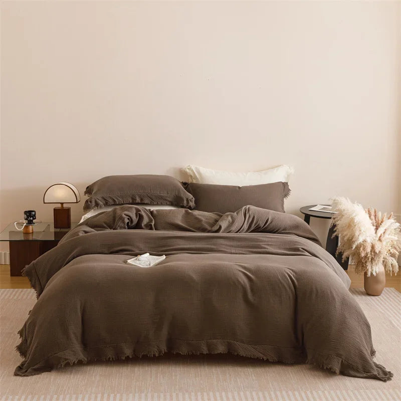 parure lit coton blanc cassé texture froissée housse couette drap taies oreiller
