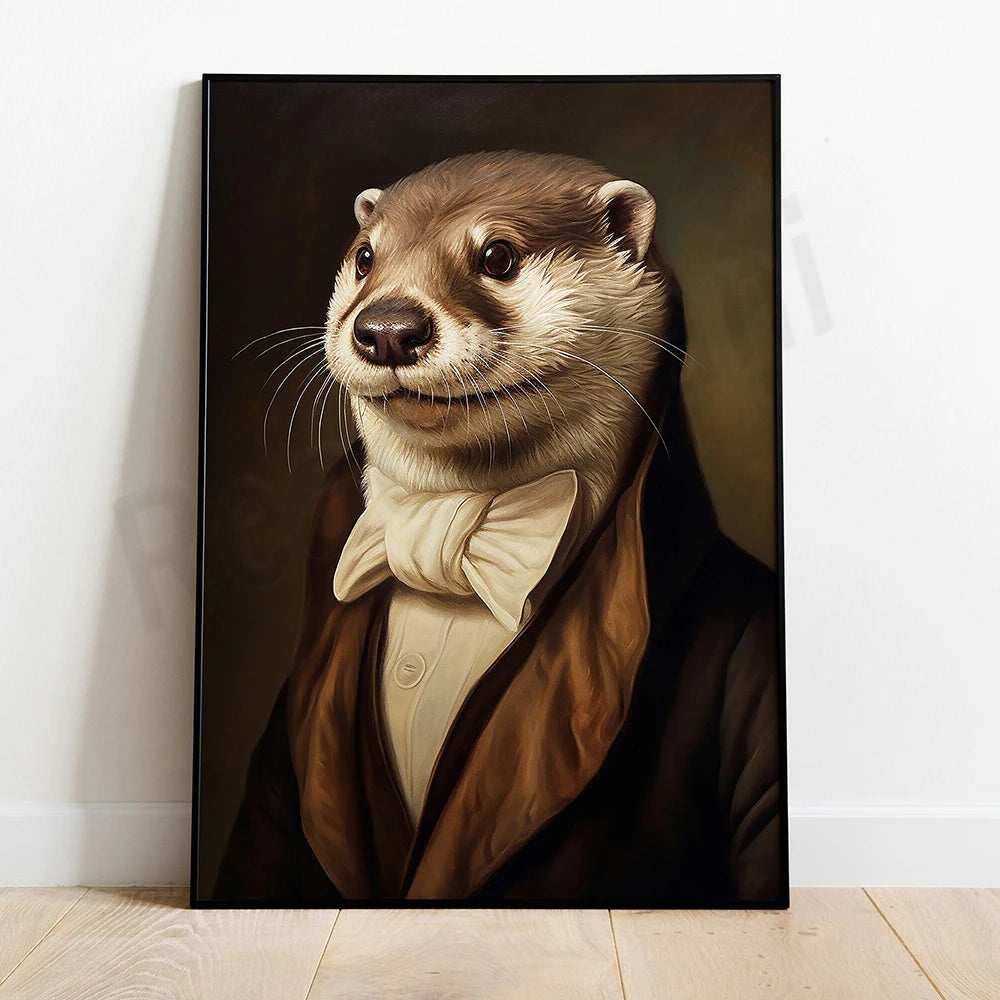 Une otarie vêtue d'un costume élégant avec un nœud papillon et une veste, au regard malicieux.