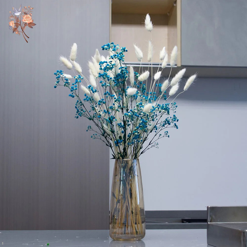 bouquet fleurs séchées orange rose bleu blanc vase transparent décoration naturelle rustique maison