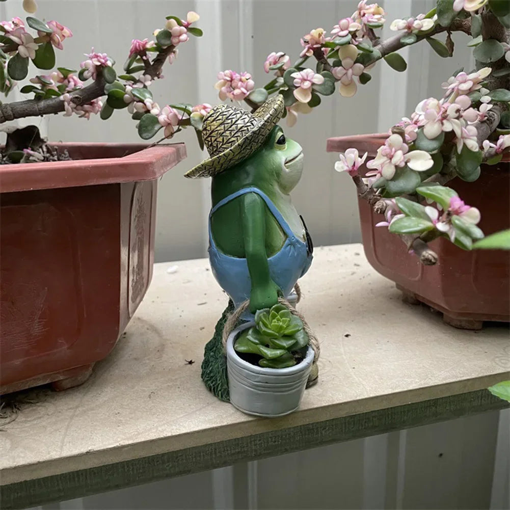 statue grenouille verte bleue jardin résine décorative pots fleurs outils pelle pioche chapeau succulentesintérieurextérieur
