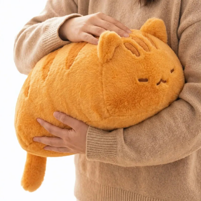 coussin peluche forme pain visage chat orange gris doux sieste literie oblong