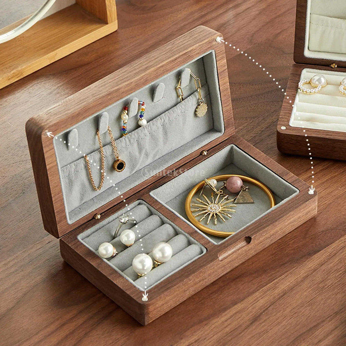 boîte bijoux bois marron boîte trinkets intérieur velours classique boîte épingles opacité affichage bijoux