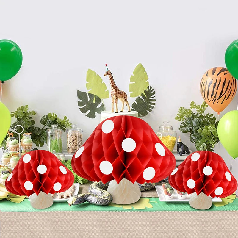 décoration fête anniversaire enfant adulte boule papier forme champignon rouge blanc texture alvéolée festive