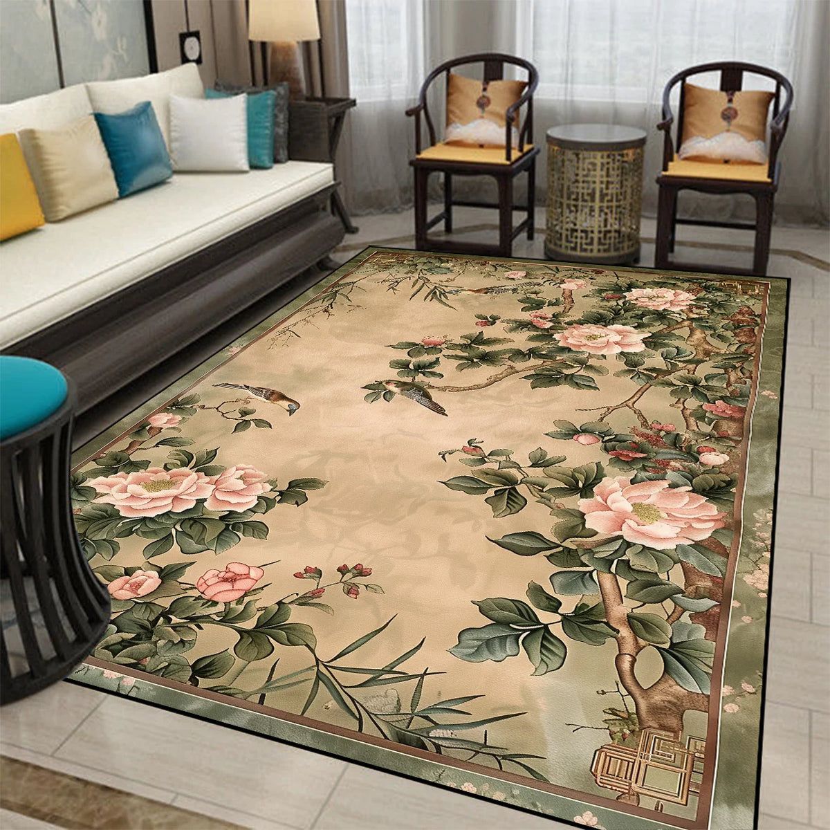 Tapis oriental de luxe orné de motifs floraux et feuillages colorés sur un fond beige.