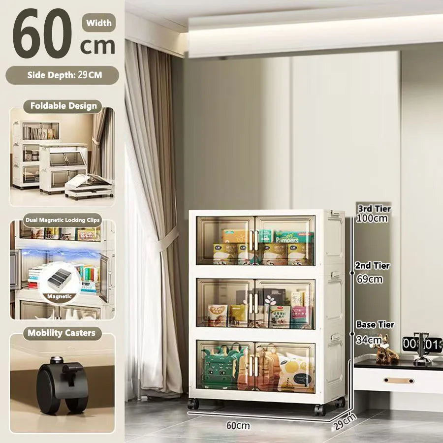 armoire rangement modulable pliable beige roulettes portes translucides jouets maison