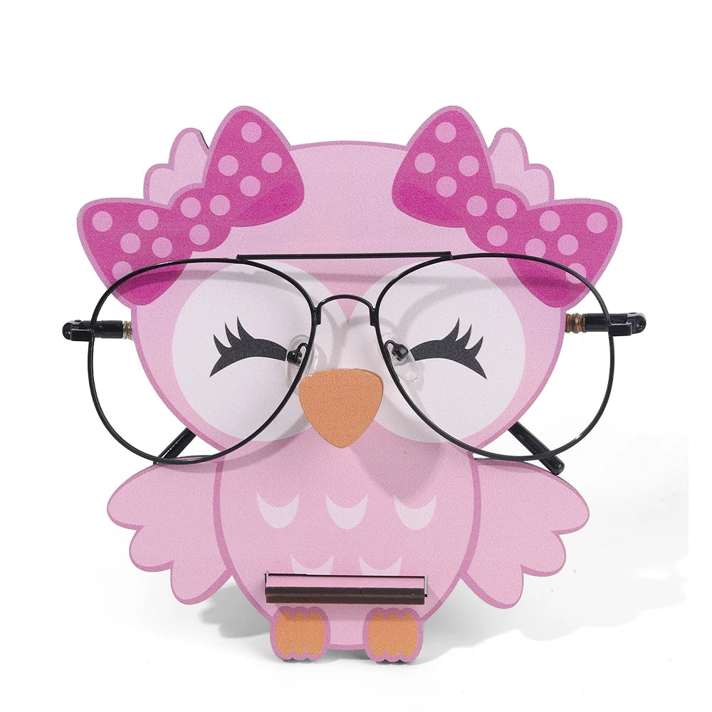 présentoir lunettes forme chouette kawaii rose marron bois décoratif maison plumes nœuds mignon