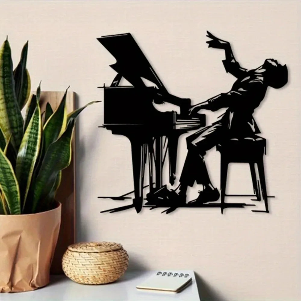 décoration murale métal silhouette pianiste noir illustration simple moderne intérieur extérieur résistante minimaliste art