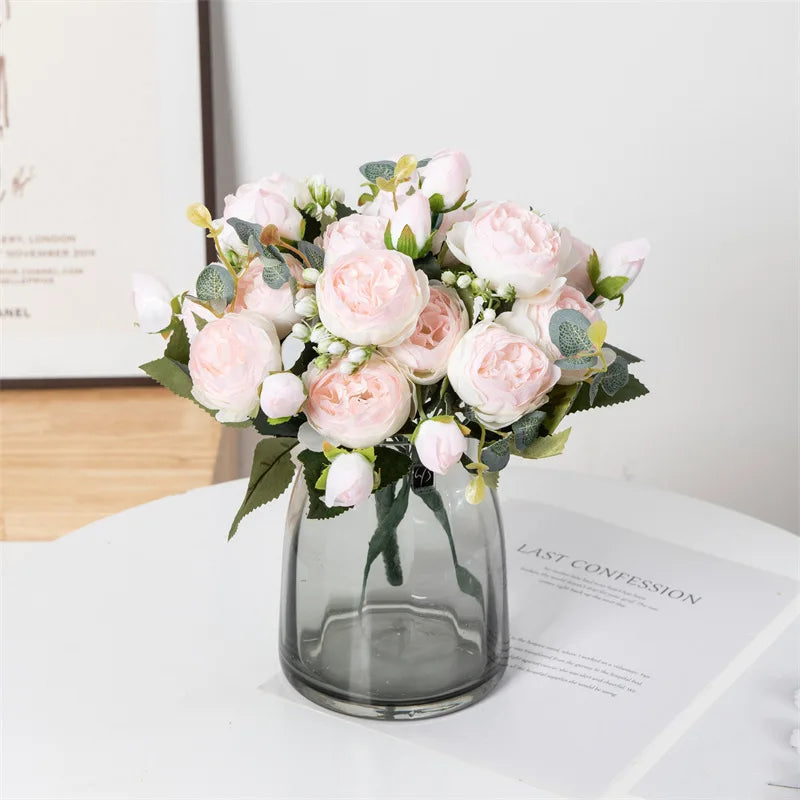 bouquet artificiel pivoines blanc rose intérieur mariage décoration vase romantique classique anniversaire événement