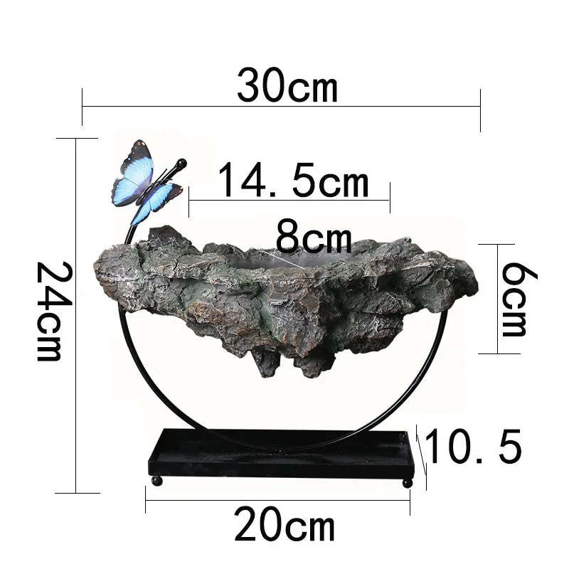 Bonsaï miniature artificiel feuilles vertes roche grise papillon bleu support métallique intérieur décoration vert