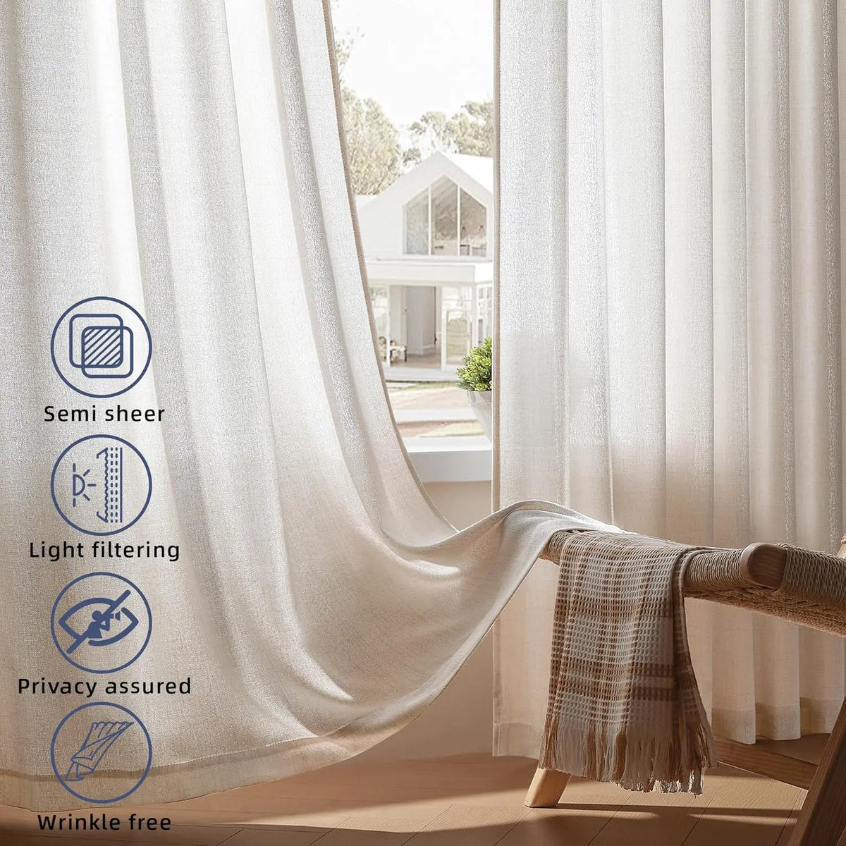 rideaux lin blanc cassé voile semi transparent boho tringle intégrée décoration intérieure neutre lumineuse