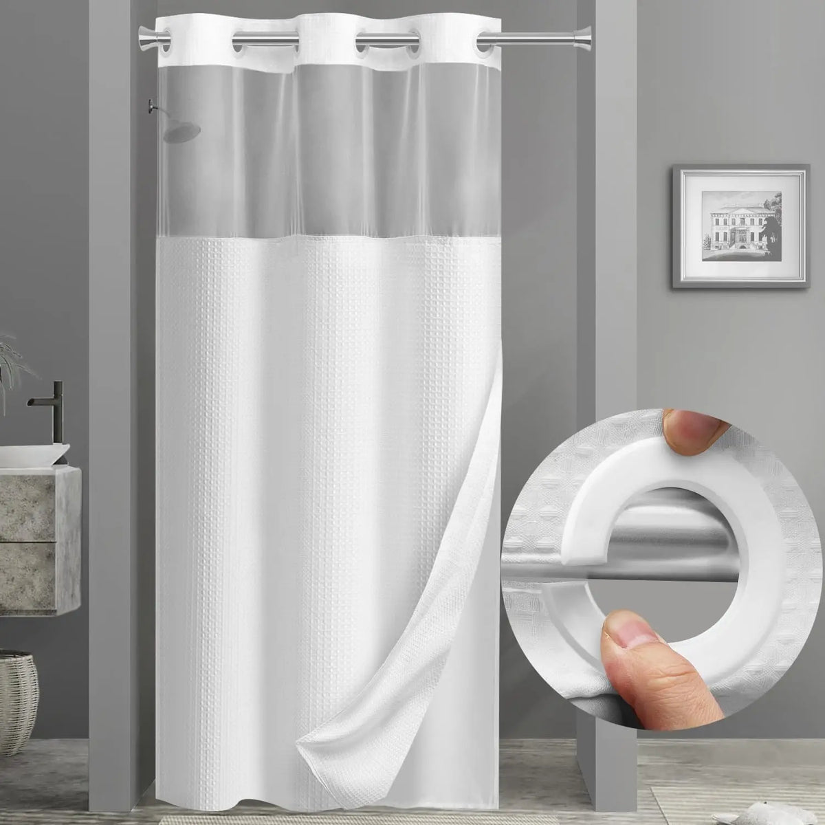rideau douche blanc moderne texture grille opacité ourlet aimants machine lavable respectueux environnement