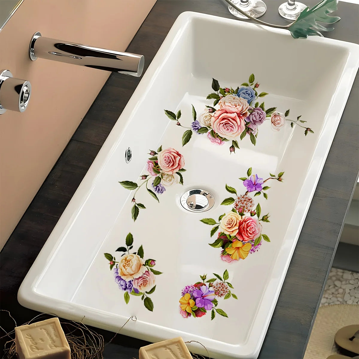 stickers décoratifs multicolores fleurs feuilles vintage adhésifs salle bains lavabo opaques différents pack